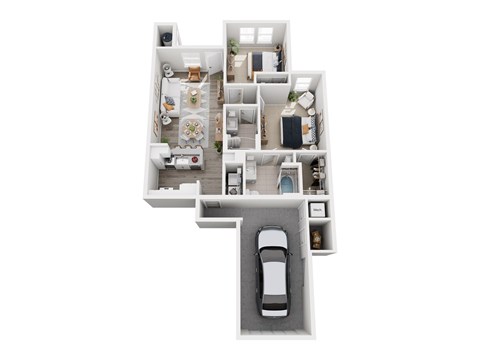 Floor plan for 2 beds, 2 baths, 907 sqft